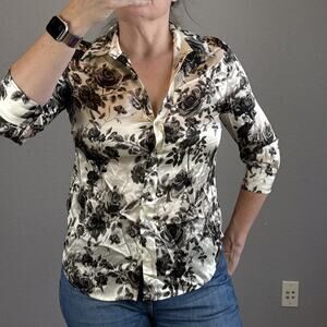 L'Agence Womens Dani 3/4 Sleeve Silk Blouse Top Size XS Black White Rose Floral